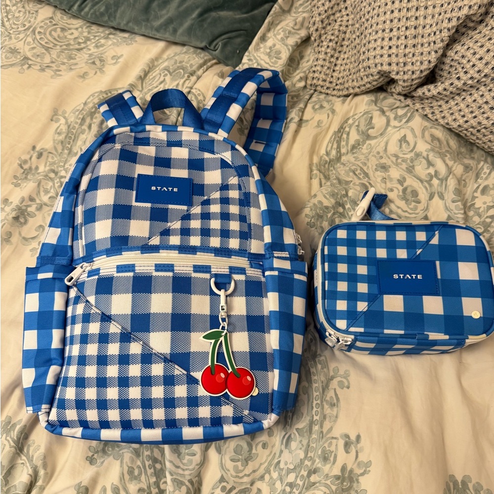 STATE Blue and White Gingham Mini Kane Backpack and Snack Pack